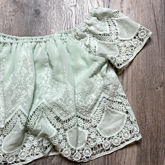 Lucy Paris Pale Green Mint Green Off the Shoulder Lace Crop Too, size small - Picture 4 of 9